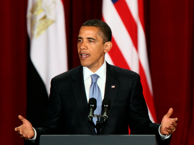 U.S. President Barack Obama delivers a speech in the Grand Hall of Cairo University June 4, 2009. Obama sought a "new beginning" between the United States and the Muslim world on Thursday but offered no new initiative to end the Palestinian-Israeli conflict, an omission likely to disappoint many. REUTERS/Goran Tomasevic (EGYPT POLITICS RELIGION)
