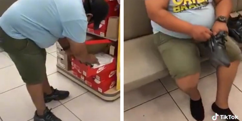 Hombre cambia sus tenis viejos por unos nuevos en Coppel; empleada lo descubre