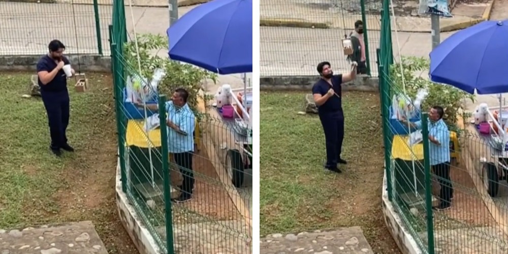 Vendedor se hace viral por su técnica para entregar comida en una universidad
